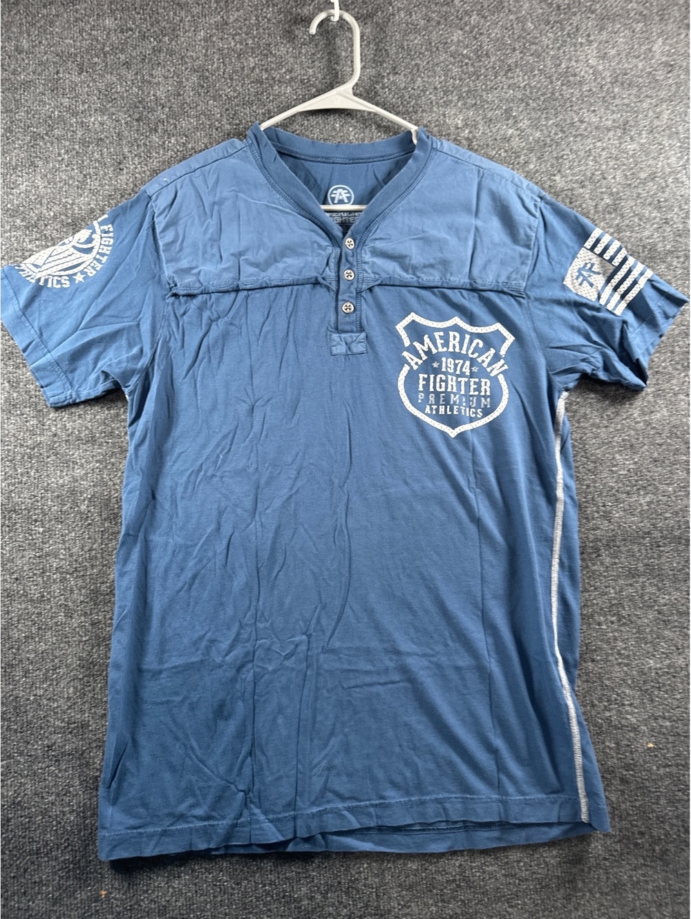 American Fighter Affliction Mens L Blue Henley T-Shirt MMA Athletic Graphic Tee